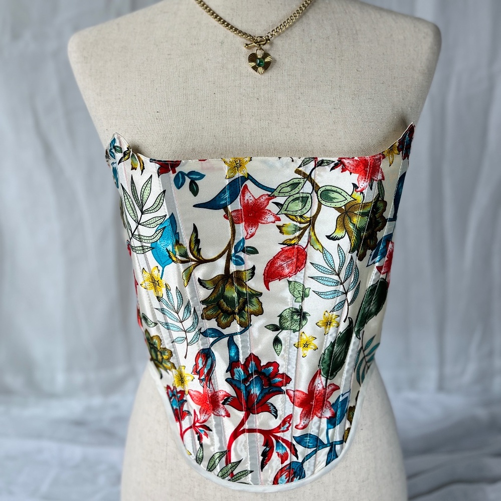 Strapless White Silk Corset Top - Handmade Floral Corset for Women